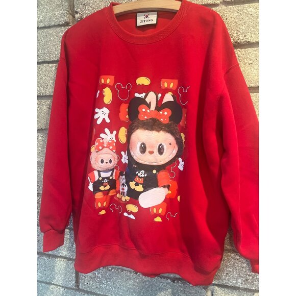Zitong Red Sweatshirt Featuring Labubu & Disney-Inspired Design Unisex Fit Long - Picture 1 of 8